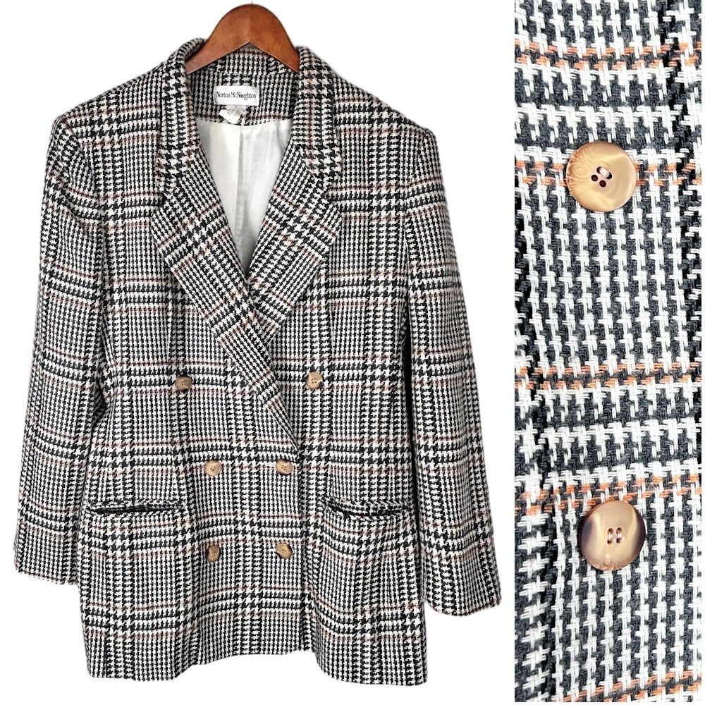 Vintage Norton McNaughton 14 Wool Houndstooth Jacket Ivory Olive Green